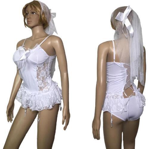 Women Sexy Sheer Lace Bride Wedding Lingerie White Bridal Underwear Nightdress BabyDoll Honeymoon Chemise with Garter Belt