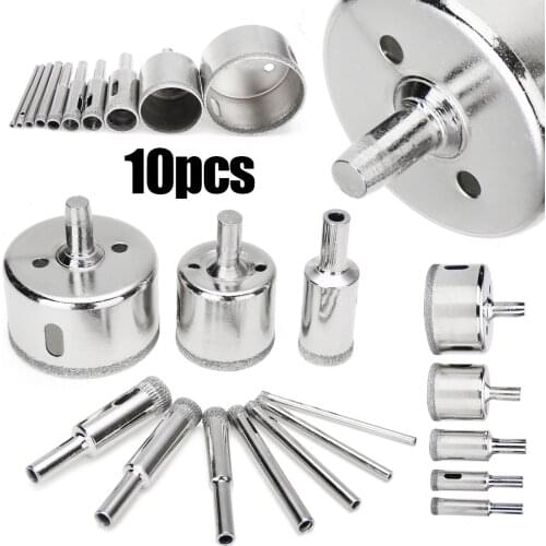 10Pcs 3-50mm Diamond Coated Core Hole Saw Drill Bit Tool Set For Glass Ceramic Marble Tile For Power Tools