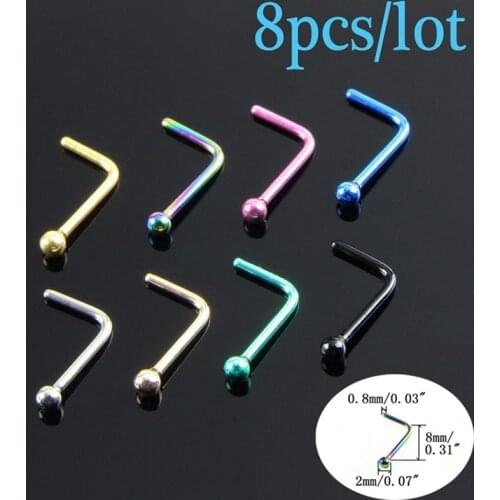 8pcs/Set 20G L-shape Nose Ring & Studs Stainless Steel Ball Nose Bone Nostril Piercing Nariz for Man Women Fashion Body Jewelry
