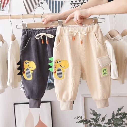 New Kids Cartoon Dinosaur Trousers Warm Fashion Girls Corduroy Children Boys Cartoon Kids Fashion Thicken Long Pants Baby Infant