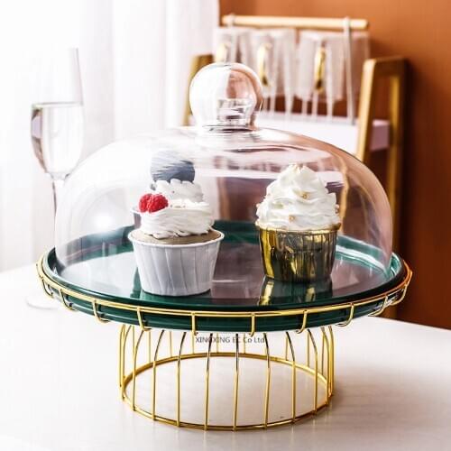Nordic Ceramic Plate Transparent Glass Cover Cake Tray Wrought Iron Household Tableware Fruit Tray Dessert Table Display Stand
