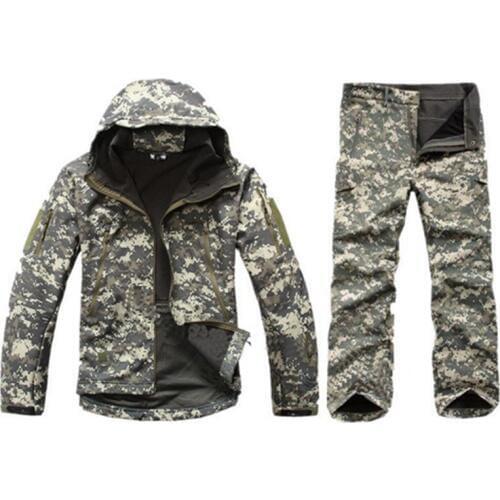 Outdoor Climbing Riding Fleece Thicken Waterproof Jackets+Pants Sets Men Hiking Tactical Camouflage Hooded Coats Trousers Suits