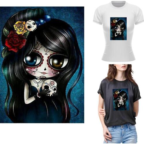 Cute Skull Art Girl Iron-On Patches For Clothes Heat Transfer Thermo Stickers Clothing Applique Iron Patch DIY Decal For Fabric