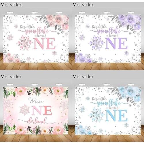 Mocsicka Our Little Snowflake Is Turning One Baby 1st Birthday Party Backdrop Photography Flowers Silver Leaves Photo Background