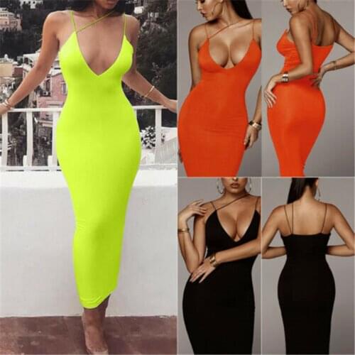 Fashion Women Ladies Sexy Bodycon Dress Deep V-Neck Sling Mid-Calf Dress Sleeveless Strap Sheath Dress Solid Color Women Dress