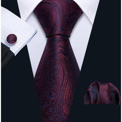 Men Paisley Tie Deep Red Ties Floral Silk Woven Necktie Purple Pocket Square Cufflinks Gift for Business Barry.Wang FA-5167