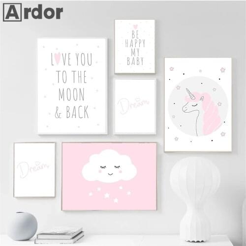 Abstract Pink Unicorn Wall Art Poster Star Cloud Art Print Heart Quotes Canvas Painting Nordic Picture Baby Kids Girl Room Decor