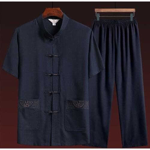 2021 New Chinese Style Summer Mens Clothes Short-Sleeved Suit Cotton Linen Tang Suit Short-Sleeved Shirt + Pants 2-Piece Set