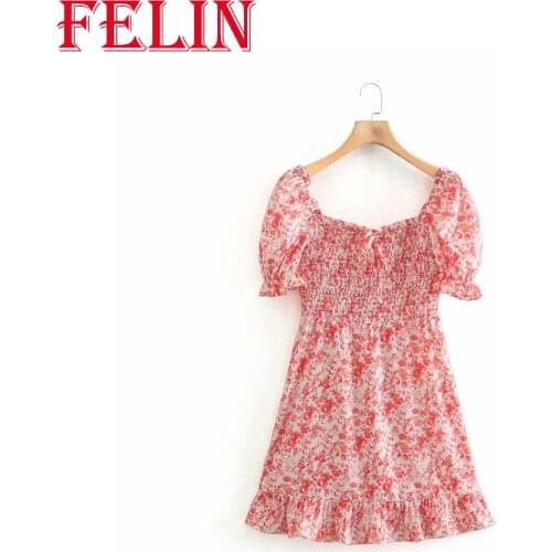 FELIN Za Womens Sweet Ditsy Floral Print Elastic Mini Red Dress Puff Sleeve A-Line Dresses Female Mujer Vestidos