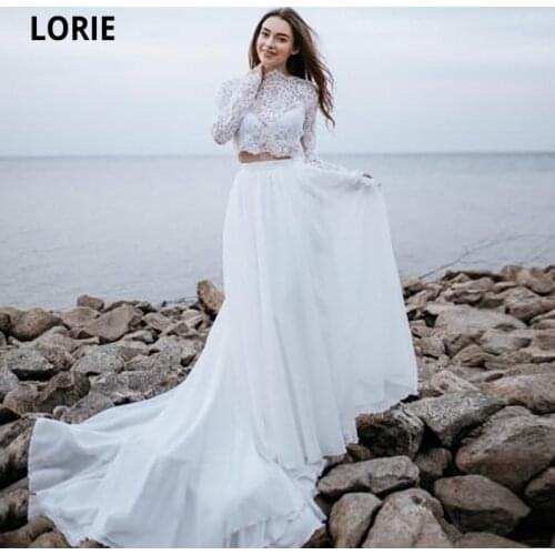 LORIE Beach Wedding Dresses Two Piece Lace A-Line Elegant Wedding Gown Chiffon Long Sleeve Country Bridal Dress vestido novia