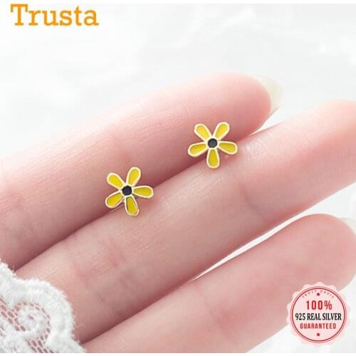 TrustDavis Genuine Fashion 925 Sterling Silver Sweet Yellow Glaze Flower Stud Earrings For Women Girl Kids Lady Jewelry DB1007