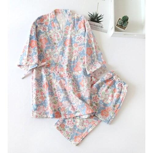 208 Cotton Pijama Women Homewear Flower Print Short Sleeve Kimono Pant Casual Sleepwear Shirts Summer Pajama Loose Pajamas Set