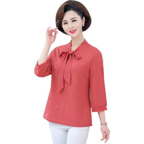 Bow Collar Spring Fall Women T-shirt 3/4 Sleeve Middle Aged Mother Fashion Plus Size 5XL Elegant Tee Tops