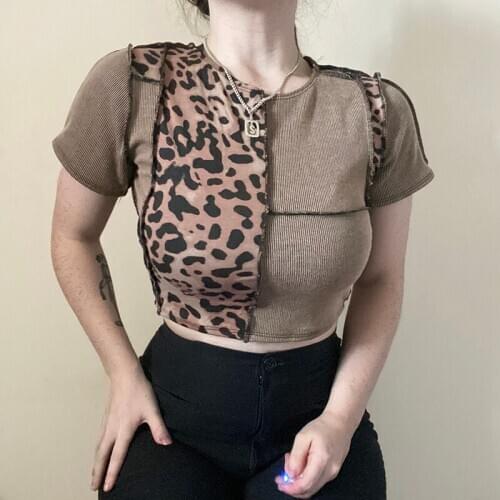 Women Sexy Patchwork Crop Tops Chic Short Sleeve Round Neck Stitching Leopard Color Block Tee Brown Tops