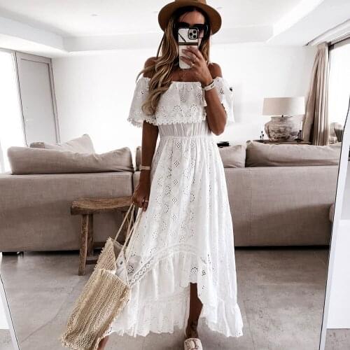White Maxi Party Dress for Women 2021 Summer Off The Shoulder Sexy Lace Dresses Woman Bohemian Asymmetrical Short Sleeves Dress