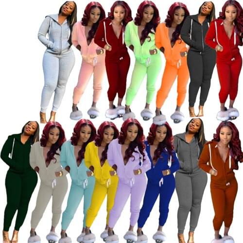 31A8075 Autumn Winter Women Casual Fashion Multicolor Solid Zipper Sports with Hood Two Piece Set Tracksuit Sweatsuit Outfits