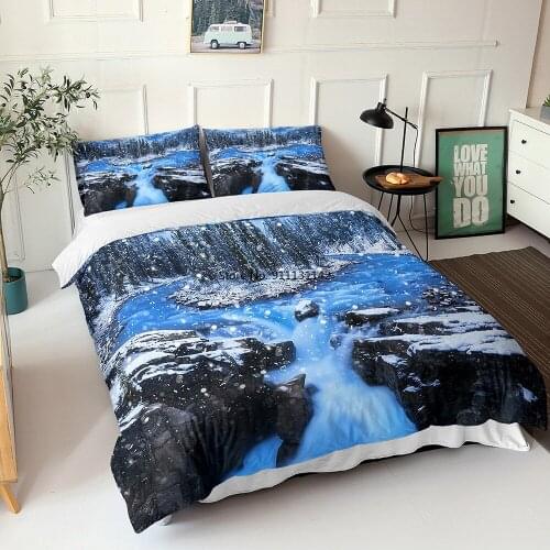 3D-printed Winter Sunset Snow View Bed with Suite Bedroom Decoration Comfortable Down Quilt Cover Pillowcase 2-3 Pieces