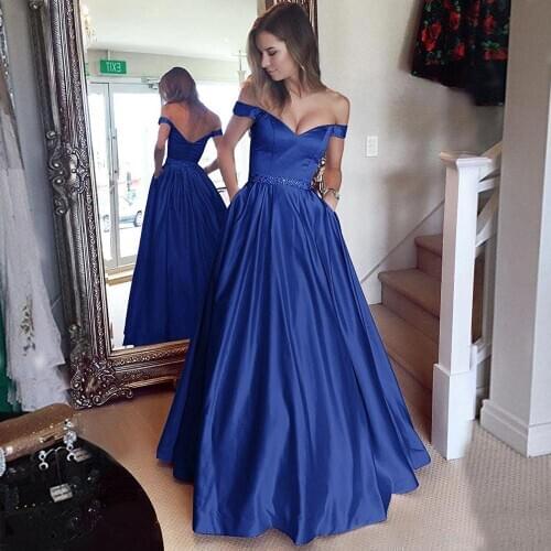 Beaded Off Shoulder Satin Long Evening Dresses with Pockets Formal Evening Gowns Elegant Crystal Sash Backless Party Dress