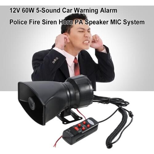 12V 60W 5 Sound Car Warning Alarm Police Fire Siren Horn Loud PA Speaker MIC System