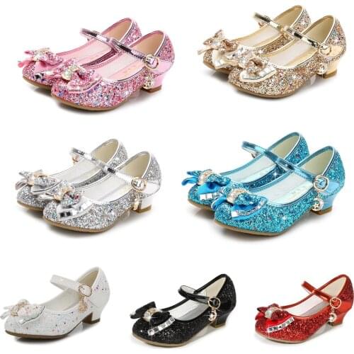 Kids Girls Leather Shoes Children Girls Baby Princess Bowknot Princess Shoes Sequines High Heel Dancing Pricness Girls Shoes