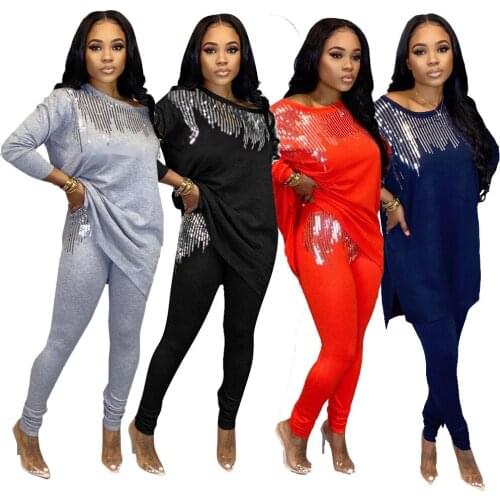 Echoine Casual Sequins Splicing Two Piece Set Woman Fitness Sporty Full Sleeve Long T-Shirt And Pencil Pants Loose Tracksuit