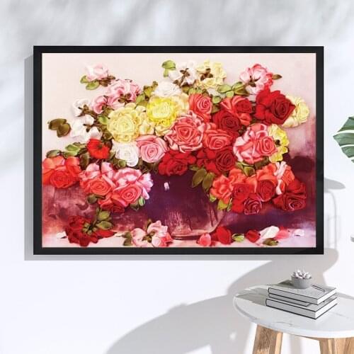 Easy Needlework,DIY Ribbon Cross stitch Sets for Embroidery kit, Red Flowers Paintng Cross-Stitch handwork Home Wall Decor