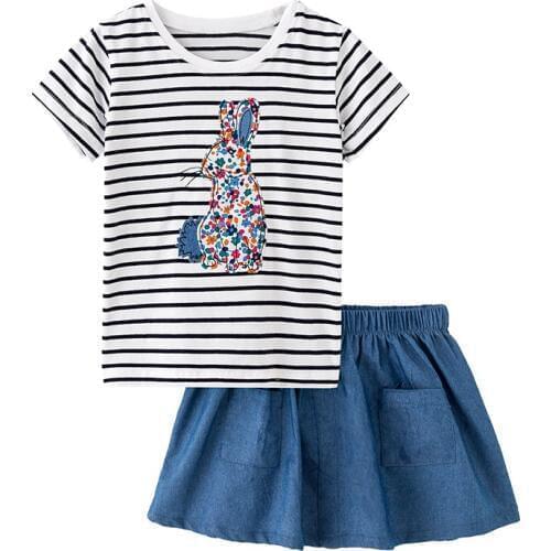 Little Maven New Summer Kids Clothing Blue Striped Rabbit Applique Jeans Short O-neck Knitted 1-6yrs Cotton Girls Sets Dresses