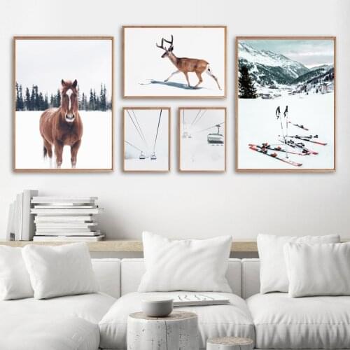 Horse Deer Snow Mountain Forest Ski Board Wall Art Canvas Painting Nordic Posters And Prints Room Decor Wall Pictures For Living