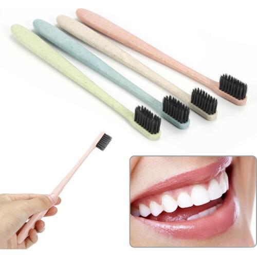1Pc Wheat Straw Handle Soft Bamboo Charcoal Toothbrush Tooth Cleaning Brushes/4 Pcs Portable Travel Dust Proof Toothbrush Cover