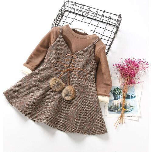 017 new Kids Girls fall winter Clothing Set,t-shirt + lattice dress,baby girl fashion elegant Clothes sets wholesale retail