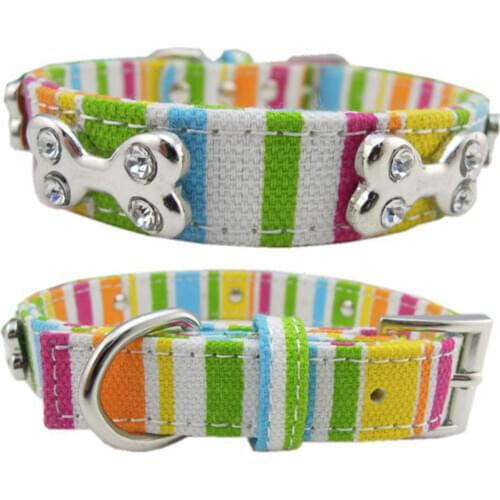 Rainbow Color Pet Collar Canvas Dog Collars For Large Dog Neckband Rhinestone Bone Cat Collar Colorful Striped Collars S/M/L/XL