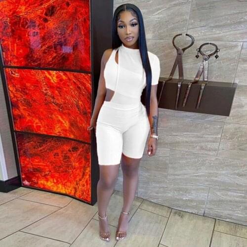 Ribbed and Mesh Patchwork Two Pieces Sets One Shoulder Short Sleeve Tracksuits Women Summer Crop Top and Shorts 2 Pieces Set