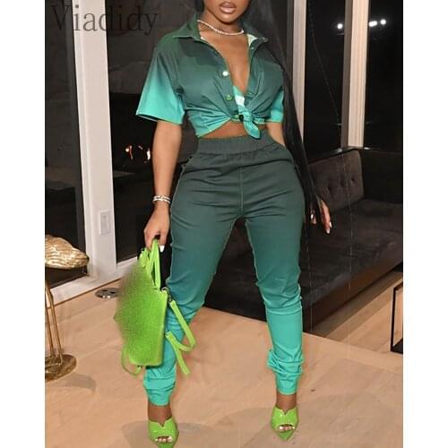 Gradient Colorblock Single Breasted Short Sleeve Shirt & High Waist Pants 2 Piece Set
