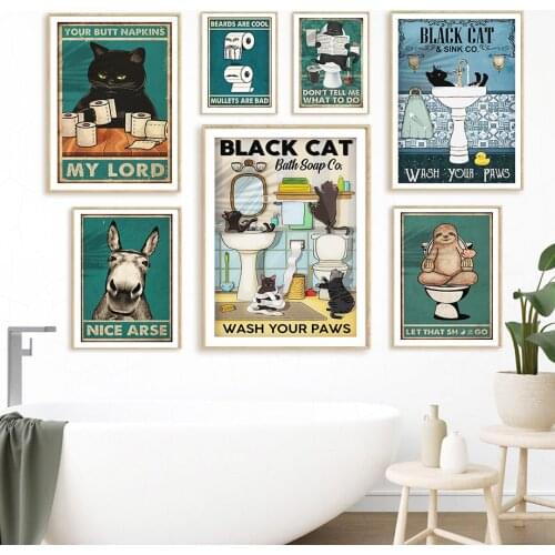 Black Cat Paws Sloth Napkin Wall Art Canvas Painting Nordic Posters And Prints Wall Pictures For Humor Toilet WC Bathroom Decor