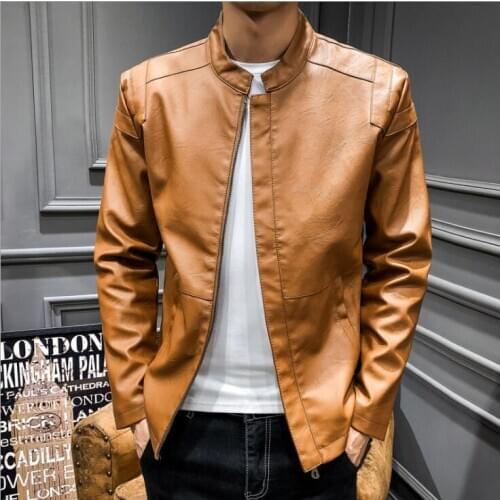 Thin mens leather jacket slim motorcycle coat men jackets casual clothes stand collar jaqueta de couro stage street fashion