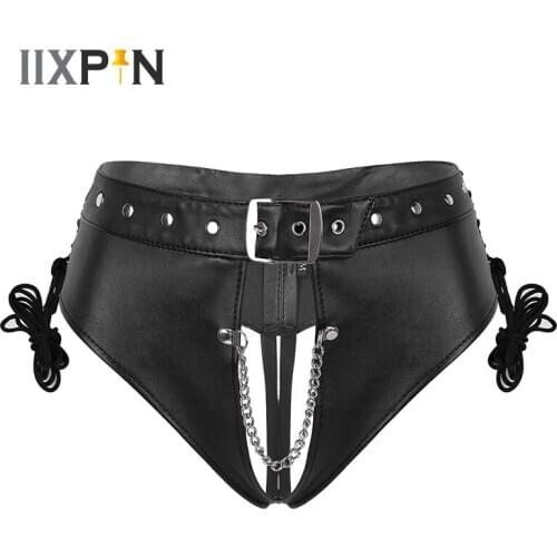 Womens Sexy Panties Punk PU Leather Briefs Underwear Sexy Lingerie Lace-up Crotchless Briefs Underpants Nightclub Party Costume