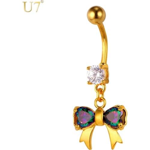 U7 Gold Color Piercing Ombligo New Cute Cubic Zirconia Belly Button Ring For Women Bow-knot Navel Body Jewelry Wholesale Db010