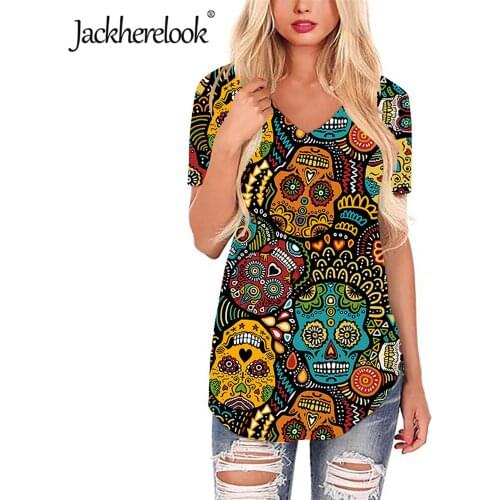 Jackherelook Womens V Neck Tops Tee Vintage Sugar Skull Brand Deisg Short Sleeve T Shirts Summer Casual Tshirt Ladies Clothing