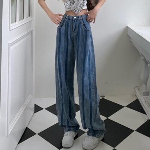 Women High Waist Casual Jeans New Arrival 2021 Autumn Korean Style Vintage Striped Loose Female Wide Leg Denim Pants T024