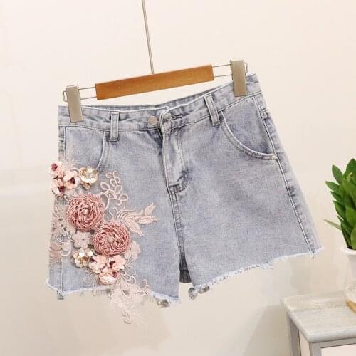 ALPHALMODA European Summer Girl New Embroidery 3D Flower Shorts Heavy Work Ladies Stylish Short Jeans
