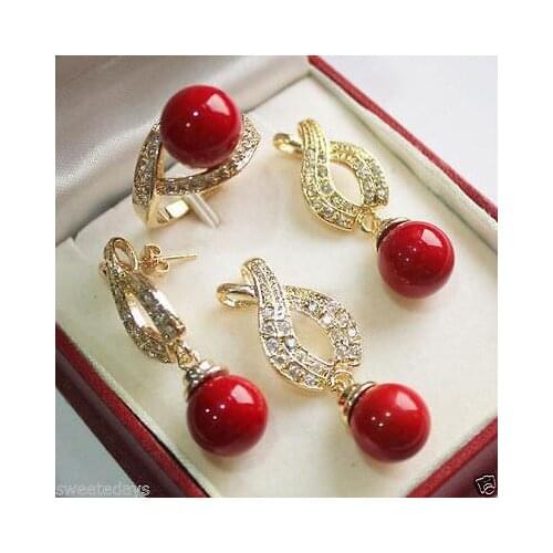 Mujer Nobility Lucky women Charming 12mm Red Shell Pearl Pendant Necklace Earrings Ring Set Plated Fine moda