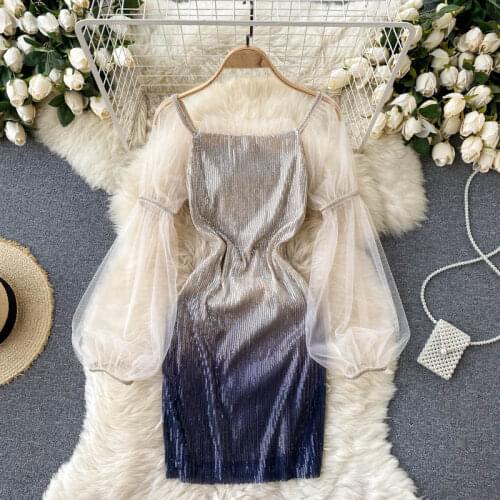 Summer Womens Dress Korean High Street Style Square Neck Gradient Sequined Mesh Puff Sleeve Dress New Slim Female Dresses DE532