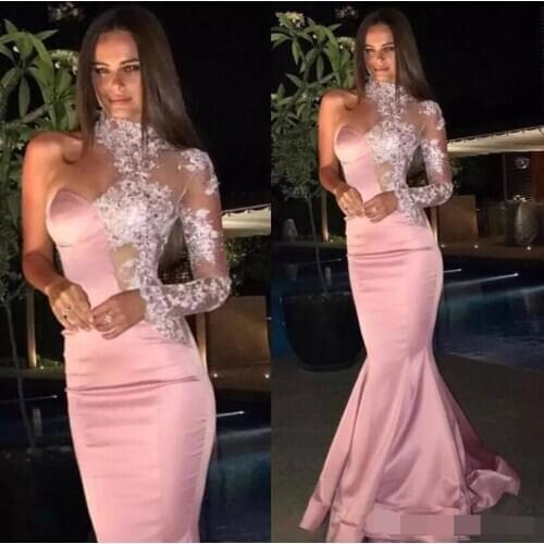 Formal Mermaid Rose Evening Dress 2019 Sexy Lace High Neck Sheer One Shoulder Long Sleeve Prom dresses Custom robe de soiree