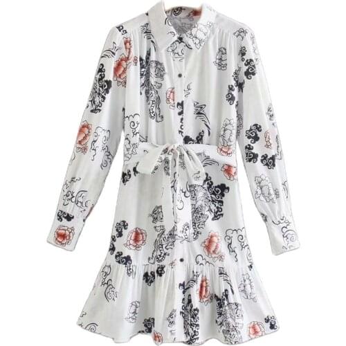 KONDALA Women Za 2021 Vintage Floral Print Mini Shirt Dress Long Sleeve Ruffles A-Line Pleated Summer Dress Elegant Vestidos