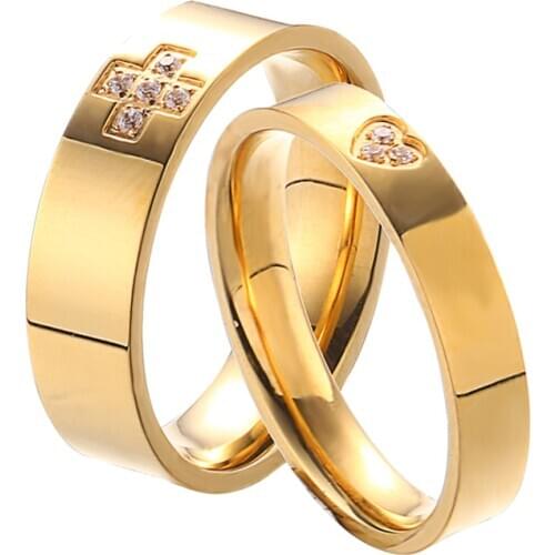 RIR 1pcs Wedding Rings Gold Stainless Steel Width 4MM & 6MM Fashion Charm With Crystal Lover Rings For Engagement Gifts