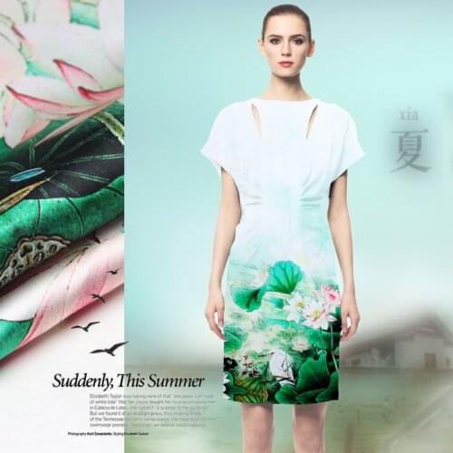 118*110cm 19mm 93% silk & 7% spandex 19mm pink lotus print silk satin fabric for dress shirt clothes choengsam D139