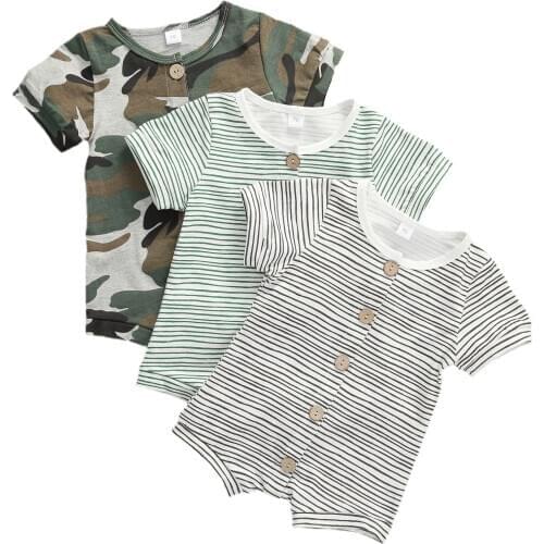2020 Baby Summer Clothing 0-24M Newborn Infant Baby Boys Rompers Striped Camouflage Short Sleeve Single Buttons Jumpsuits