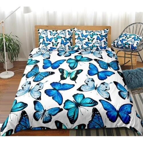 3 Pieces Watercolor Butterflies Duvet Cover Set Blue Butterfly Bed Set White Bedding Kids Girls Quilt Cover Queen Dropship