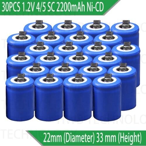 30PCS/lot Ni-Cd 1.2V 2200mAh 4/5 SubC Sub 4/5SC Rechargeable Battery with Tab - Blue Power tools battery Free shipping