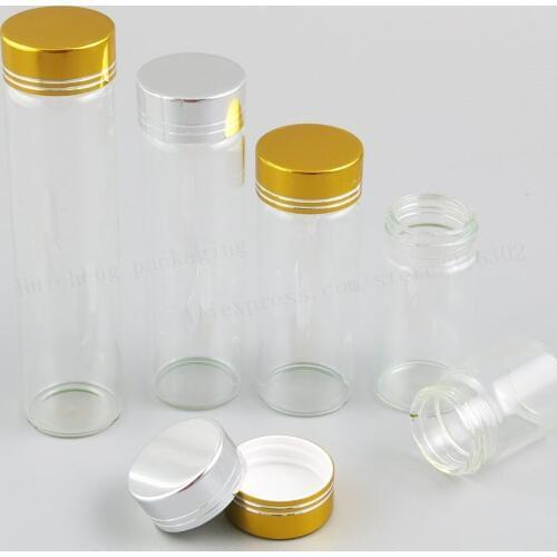 500 X 15ml 25ml 40ml 50ml 60ml Refillable Screw Neck Clear Glass Bottles with Gold Silver Aluminium Ca Transparent Glass Bottles